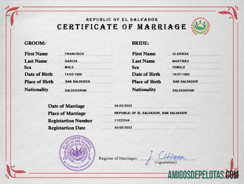 Realista modelo PSD de certidão de casamento de El Salvador